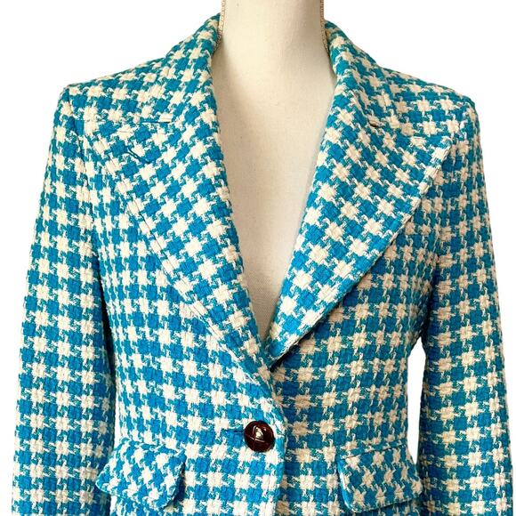 Smythe Birkin Blazer Topaz Blue Houndstooth Tweed Jacket Made in Canada Size 8 - Picture 6 of 10